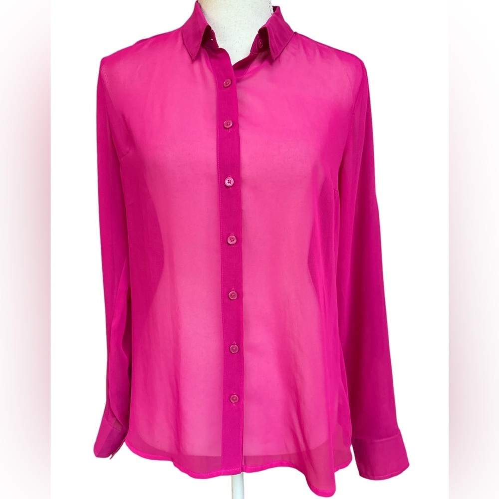 Express Portofino Sheer Fuschia Longsleeve Button Up Blouse Roll Tab NWT S